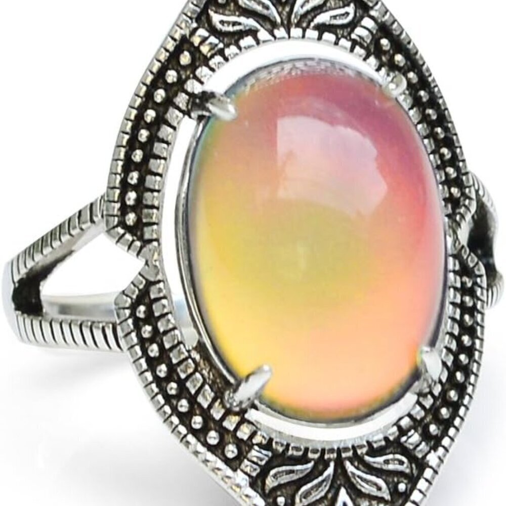 Vintage Style Brass Mood Ring Adjustable Silver Plated Oval Stone Jewelry
